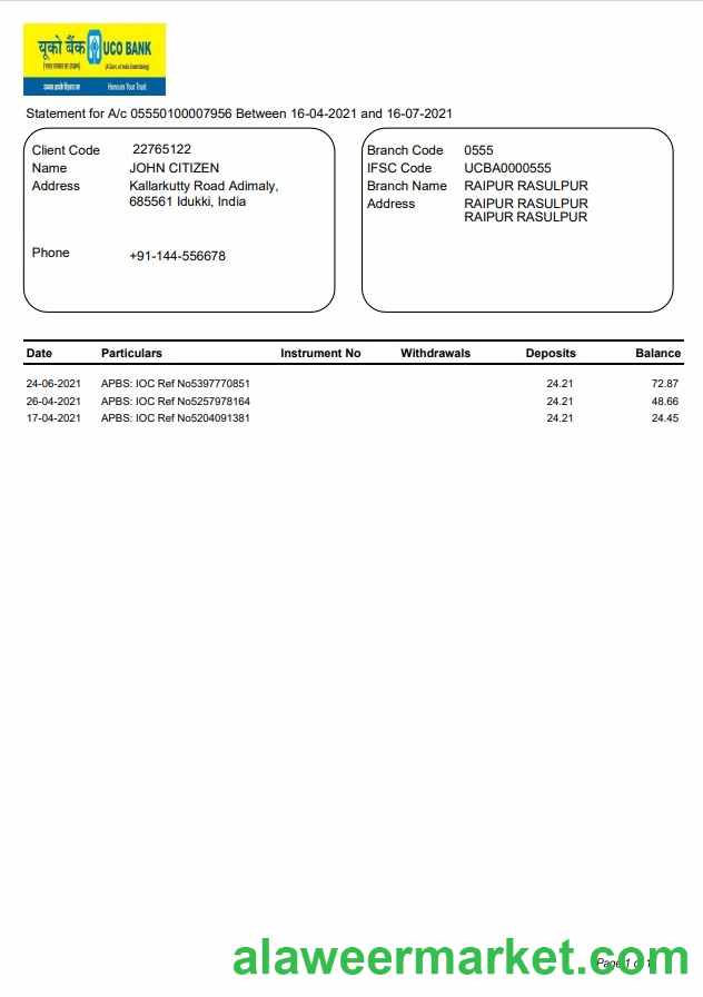 India Uco Bank statement